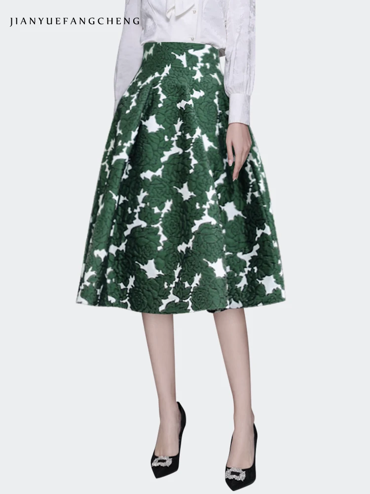 Vintage Court Style Green Jacquard Floral Skirt Women Mid-Length High Waist A-line Pleated High Rise Tutu Skirts 2023 Autumn New