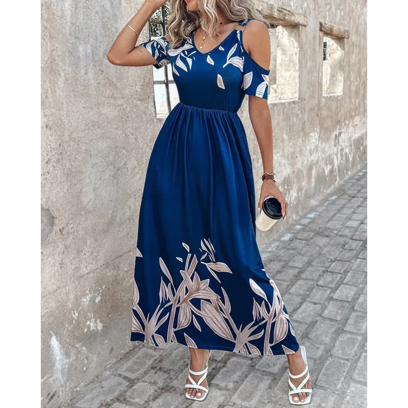 여름 여성 프린트 드레스 패션 섹시 V넥 반팔 오프숄더 캐주얼 엘레강스 맥시 드레스 여성 클럽웨어 캐주얼 드레스