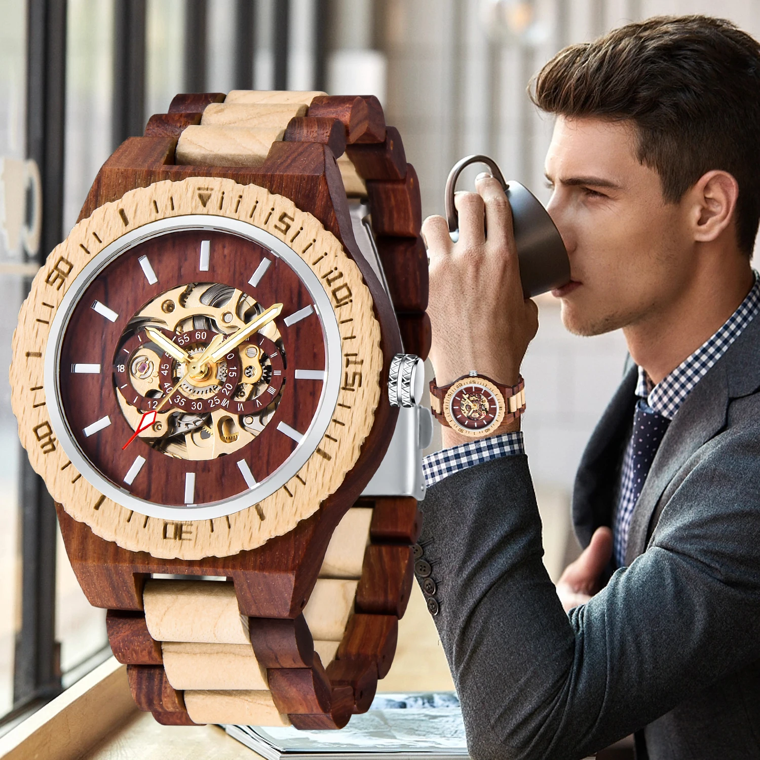 Brown Hollow Luxury Design Men's Automatic Mechanical Hand Wind Watch Casual Fashion Trend Accessories Men's Wooden Watch