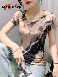 MadBlack, European Clothes Tshirt, Women Sexy O Neck Print Tops, Short Sleeve Vintage Mesh Slim Tee, 2024 Summer Autumn T48106QC