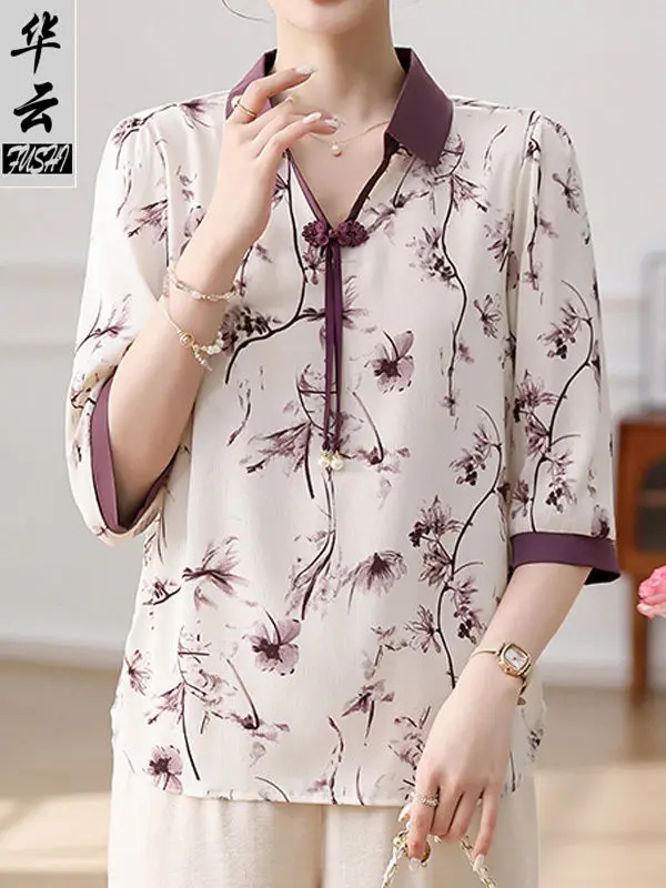 

New Summer Style Chiffon Blouse for Middle-aged Mothers Fashionable Mid-sleeve Wearing Outside