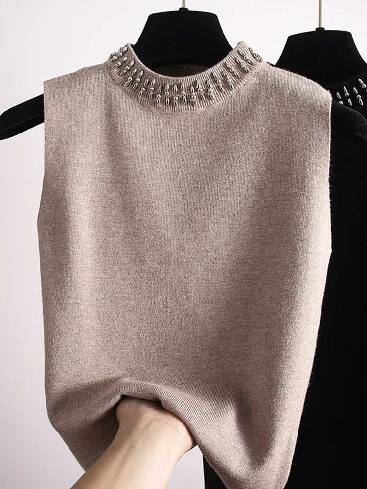 

Женский вязаный жилет без рукавов без бирки с бисерной отделкой: модный, теплый, для весны и осени