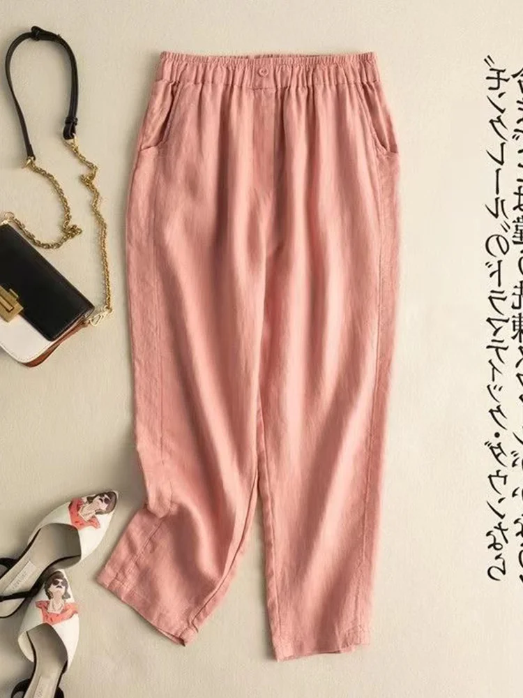 กางเกงฮาเร็มผ้าฝ้ายลินินทรงหลวมสไตล์เรโทร เอวสูง ความยาวเก้าส่วน สำหรับผู้หญิง ดีไซน์เรียบง่าย เหมาะกับฤดูร้อน เนื้อผ้าบางเบา