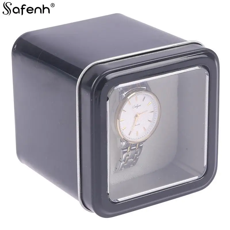 8CM Square Black Watch Organizer Box Show Holder Tinplate Can Metal Sealed Jewelry Gift Box Display Case With Cushion