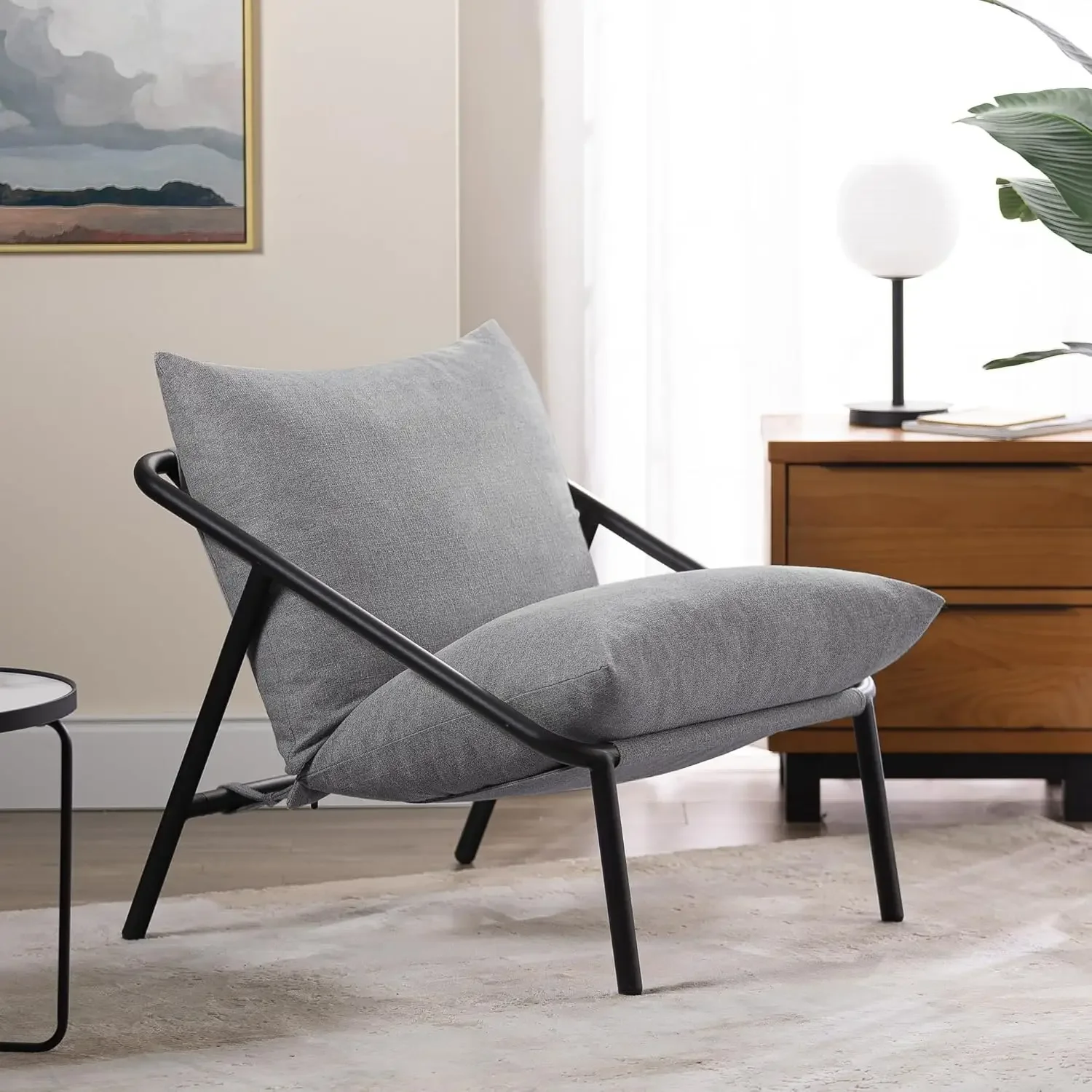 Metal Framed Armchair with Shredded Foam Cushioning, Light Grey