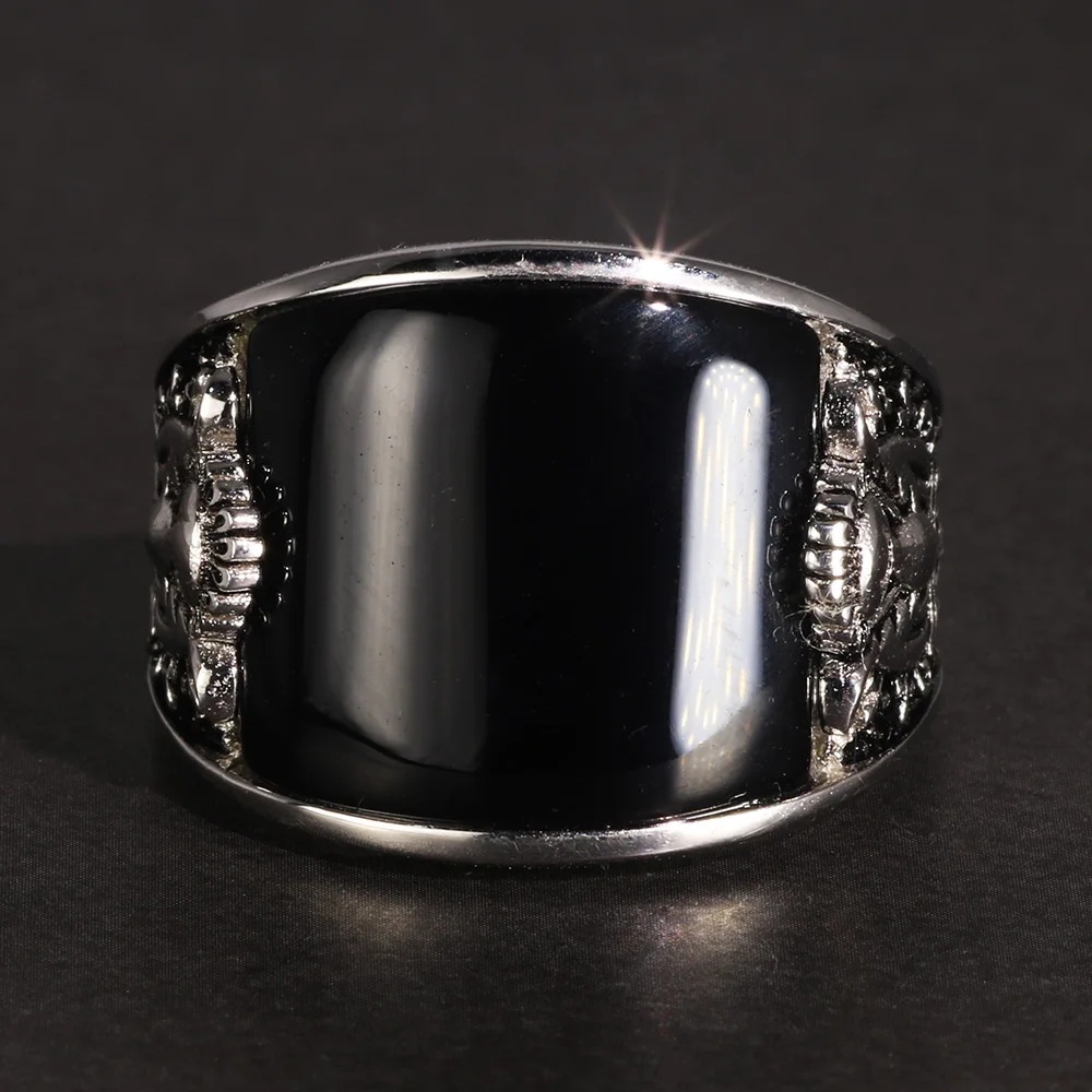 Vintage Punk 925 Rings With Natural Black Onyx Stone Unique Curved Surface Biker Rings For Men - Image 3