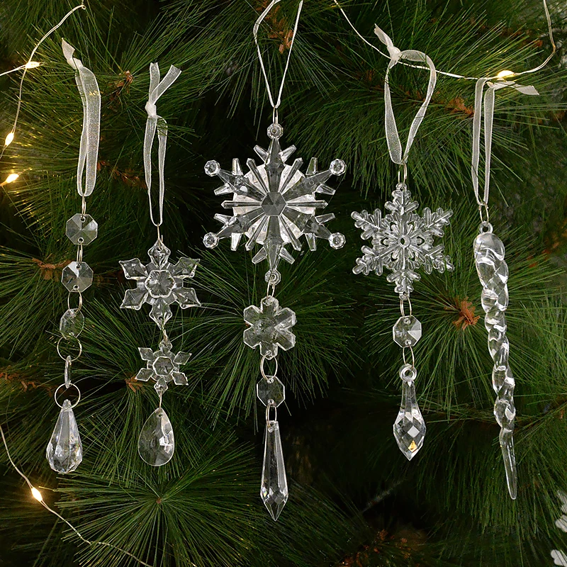 5PCS/Set Christmas Transparent Snowflake Ice Strip Pendant Ornaments Xmas Tree Acrylic Hanging Pendants Props Party Decoration