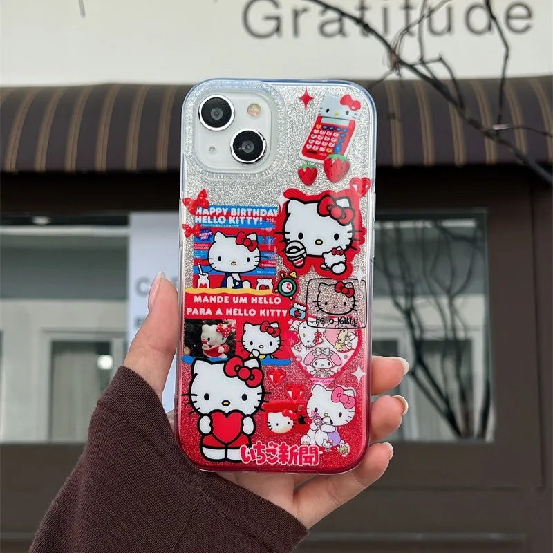 Sanrio Hello Kitty Phone Case For iPhone 15 14 13 11 12 Pro Max Plus 7 8 Plus XR XS Max Glitter Cover Y2K Anti Fall New Year