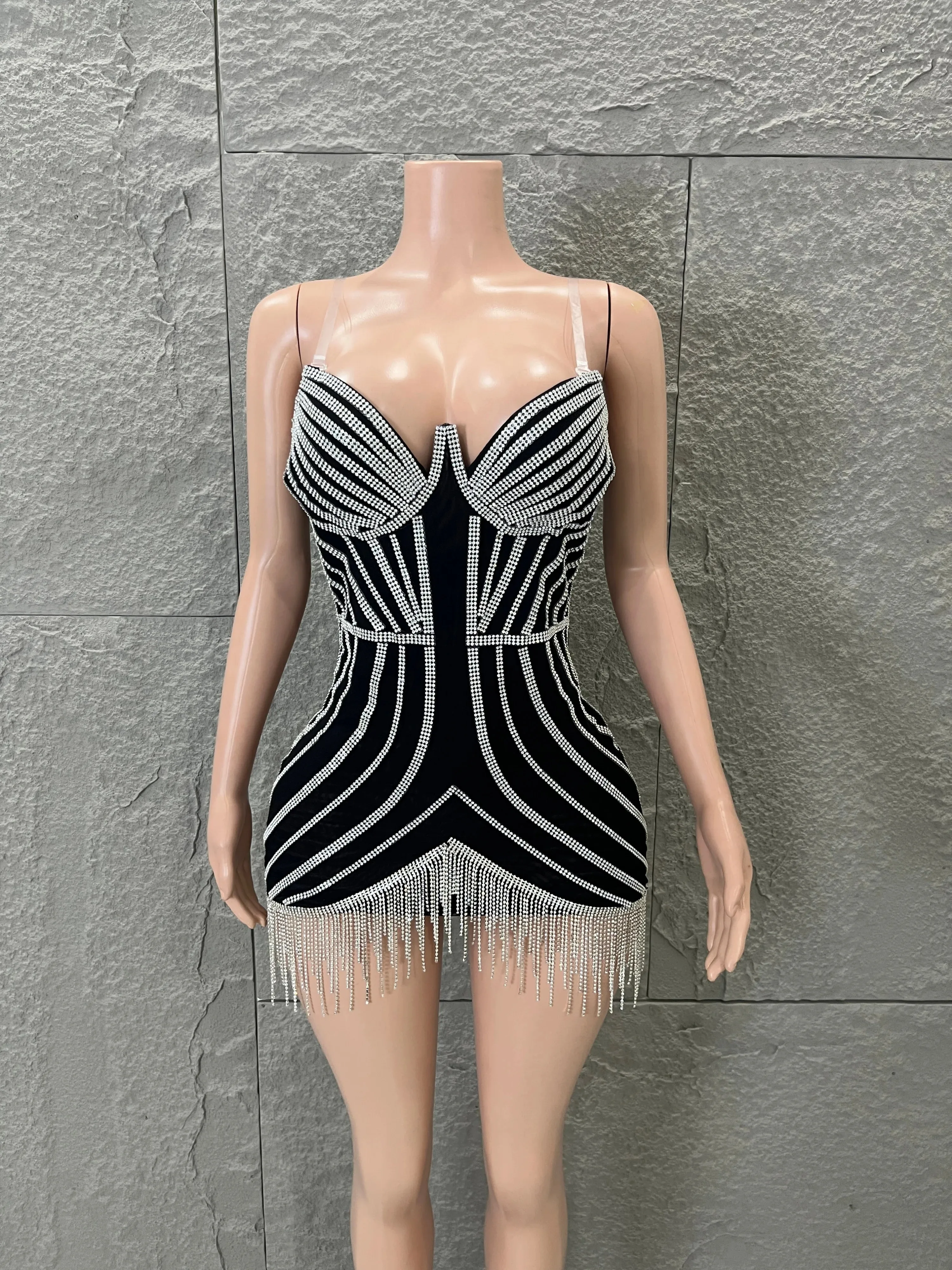 

Sparkly Black Rhinestone Mini Dress Sweetheart Neck Sheer Mesh Bodycon Evening Party Club Stage Performance Birthday Celebration