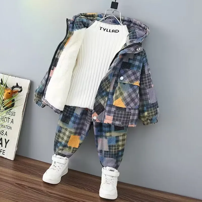 Boys\' Autumn and Winter Suit New Children\'s Plush Thickened Plaid Jacket Pants Baby Cool and Handsome Winter Two Piece Set