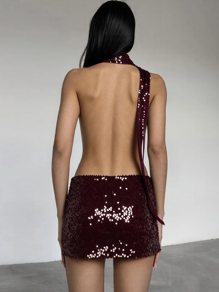 Sisterlinda Sequin Halter Mini Dress Sexy New Shiny Stunning Irregular Backless Low Neck Bodycon Mujer Coquette Nighout Clubwear