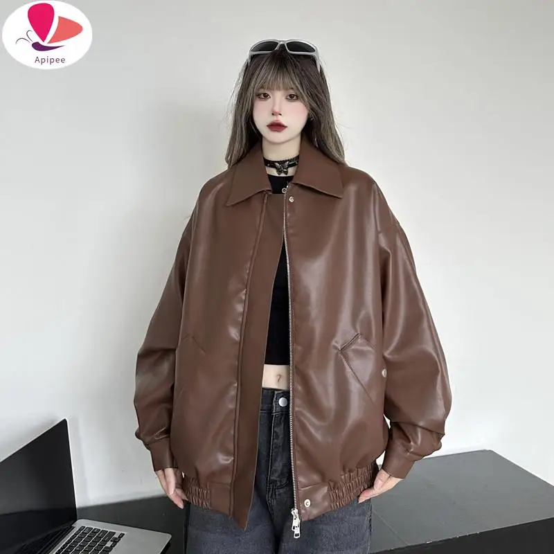 

APIPEE New Autumn American Women Coat Women's Retro Brown Leather Jacket 2024 Jackets Clothing Winter