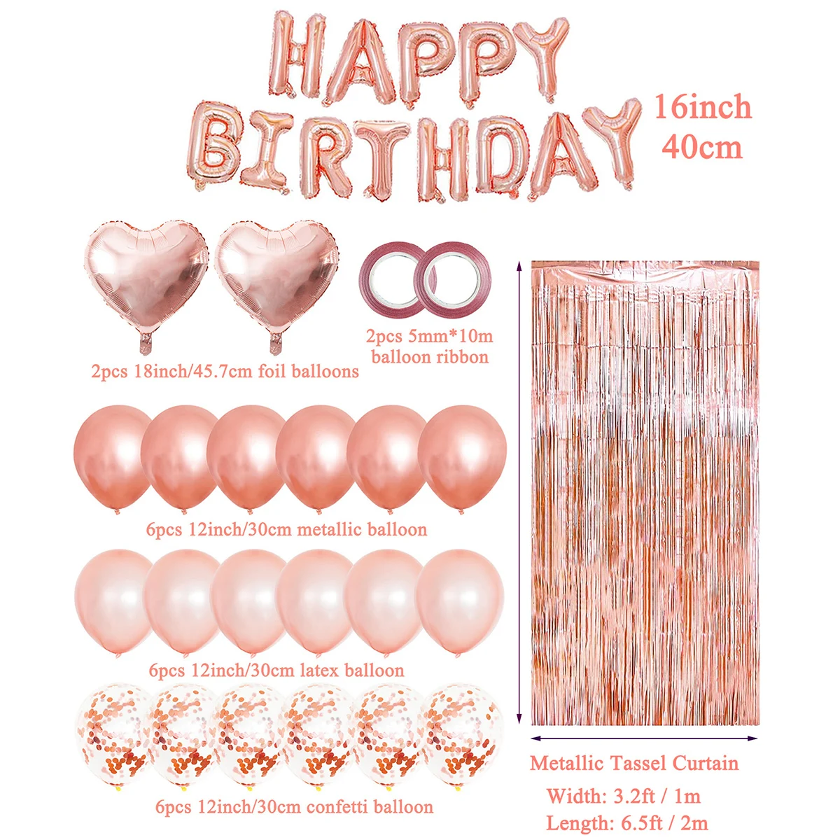 36pcs Rose Gold Mixed Latex Balloons Happy Birthday Party Decoration Metallic Foil Tinsel Curtain Background Girl Woman Birthday