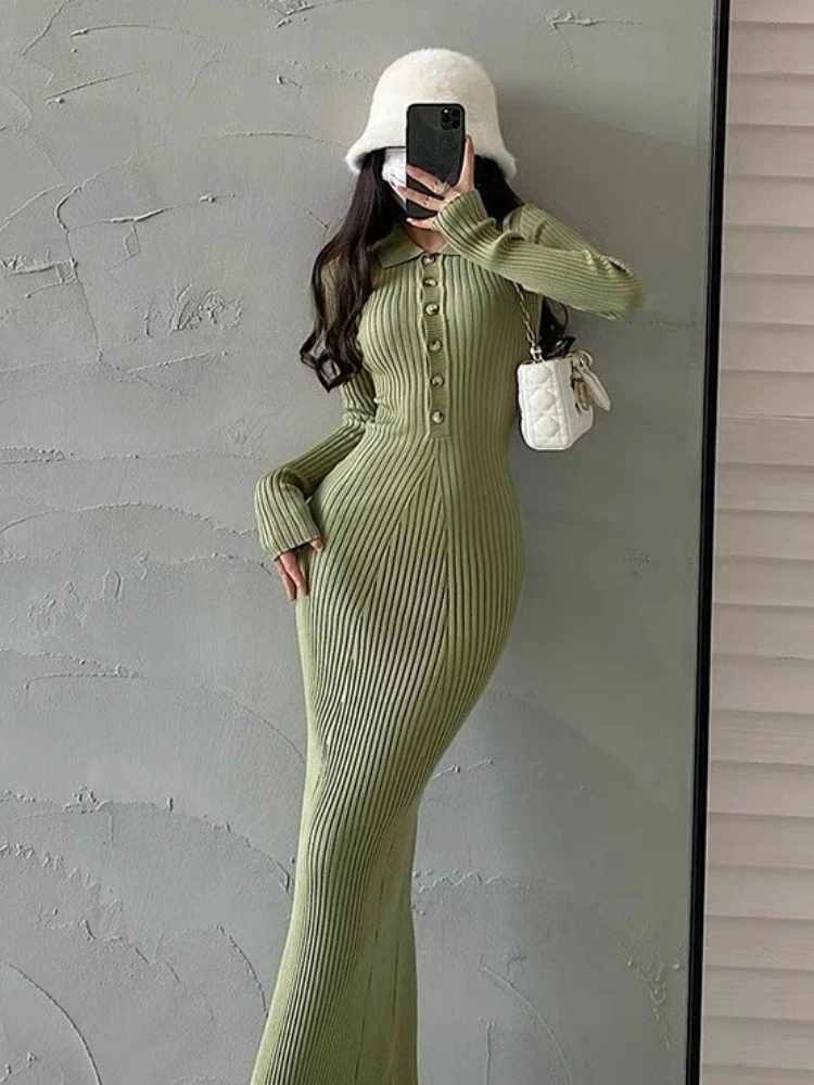 فساتين ماكسي كروشيه للنساء Bodycon الخريف رداء الشتاء Harajuku جودة عالية الاتجاه عادية مساء فستان طويل امرأة محبوك