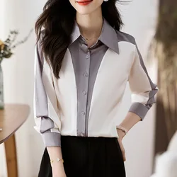 Women Clothing Spring Tops New Long Sleeve Patchwork Chiffon Shirts Chic Contrast Office Korean Fashion Casual Blouse Female