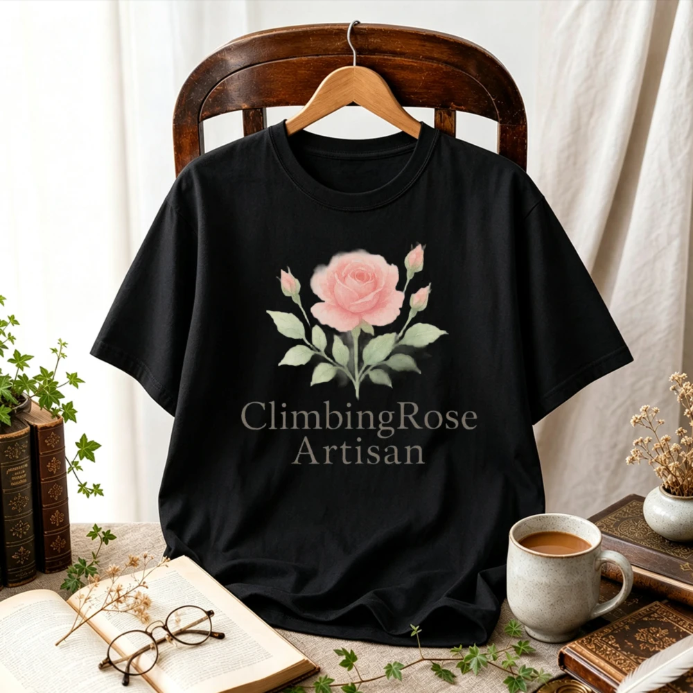 Watercolor Pink Rose Climbing Rose Artisan T-Shirt Vintage Floral Flower Graphic Unisex Minimalist Botanical Print Casual Tops