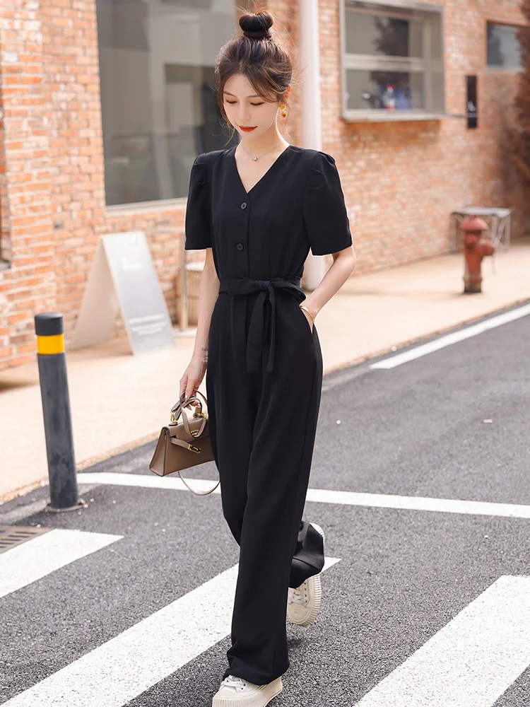 

Женский комбинезон Ele Casual: модный, стройнящий, профессиональный костюм из смесовой хлопковой ткани, длинные брюки прямого кроя, лето 2025