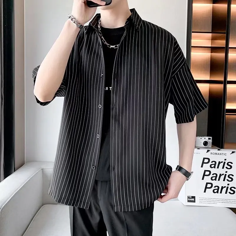 Chemise à Rayures pour Homme, Style Japonais, Décontracté, Surdimensionné, Tendance, Noir, Unisexe, Gothique, Manches Courtes, Chemisiers Transportés