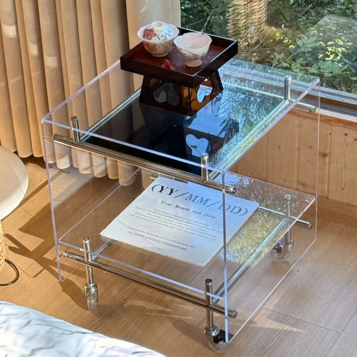 Acrylic mobile trolley side rack transparent corner bedside table ins Internet celebrity stainless steel storagerack