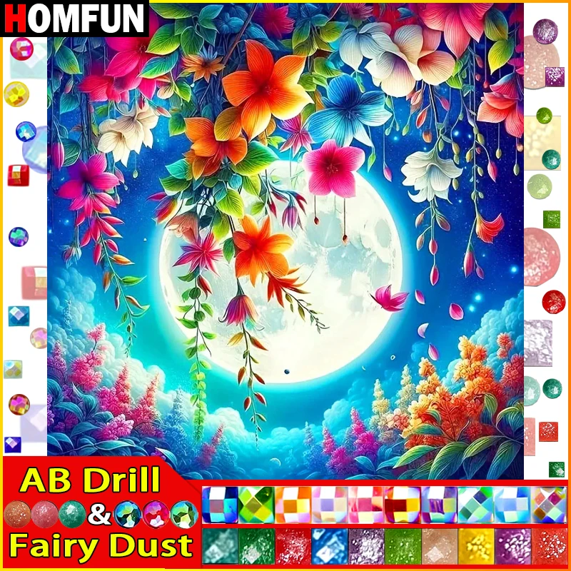 Homfun-おとぎ話のほこりのラインストーンの絵画、クリスタルの装飾、DIYダイヤモンドの絵、風景、月、花のパターン、3D刺embroidery