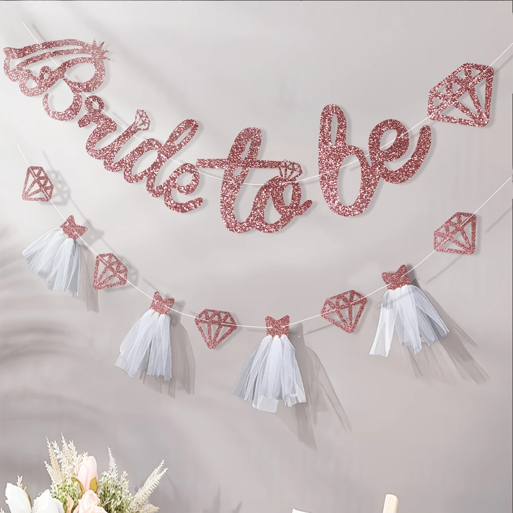 1set Glitter Bride To Be Banner with Tulle Dress Diamond Cutouts Paper Banner for Bridal Shower Bachelorette Party Wedding Decor - view 2