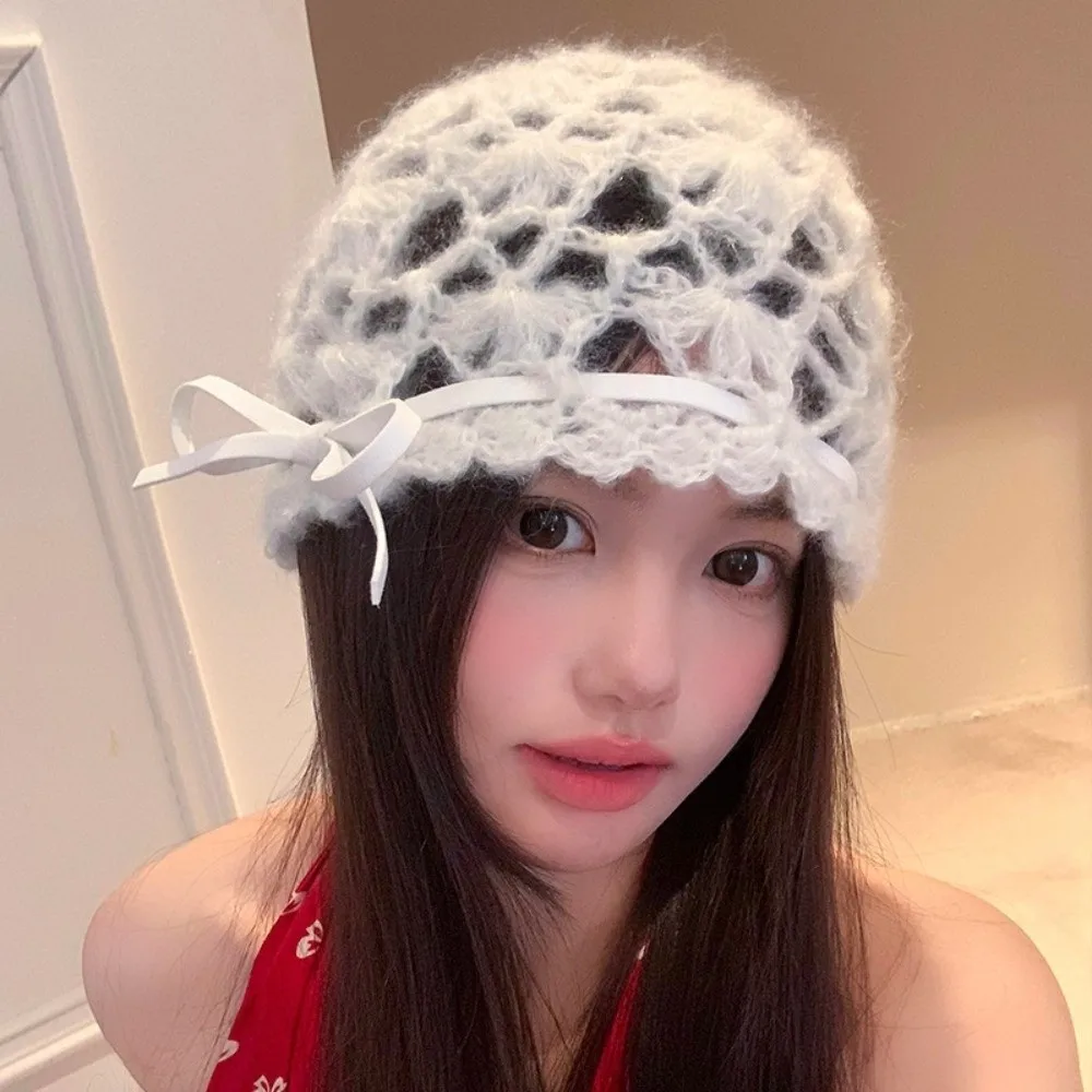 

Casual Bow Crochet Hollow Knitted Hat Bohemian Style Strapped Knit Beanies Handmade Korean Ethnic Style Hat Outdoor