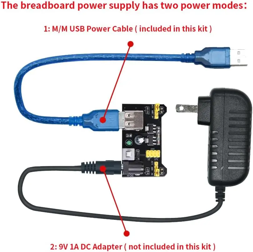 Fun-Kit für elektronische Komponenten mit Netzteilmodul, Überbrückungskabel, Steckbrett mit 830 Verbindungspunkten, Präzisionspotentiometer, Widerstand
