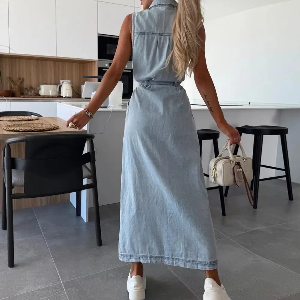 Women Button-down Dress Denim Shirt Dress with Belt V Neck Maxi Dress for Women Elegant Button Down Long Jean with Pockets Lapel