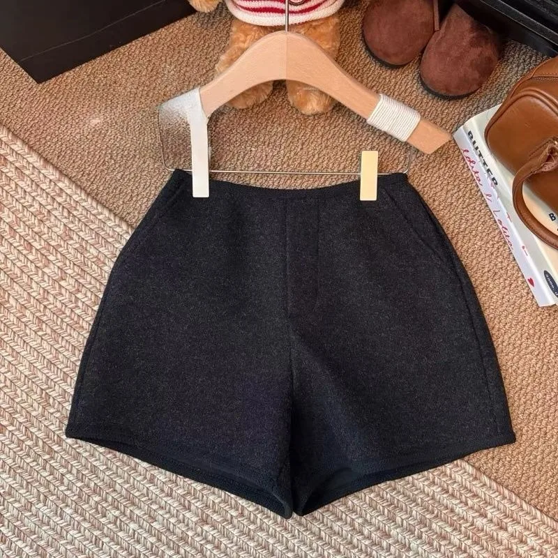 Woolen Shorts Mujer Autumn Winter Color Block Versatile High Waist Women Pants Korean Fashion Casual Pantalones Cortos