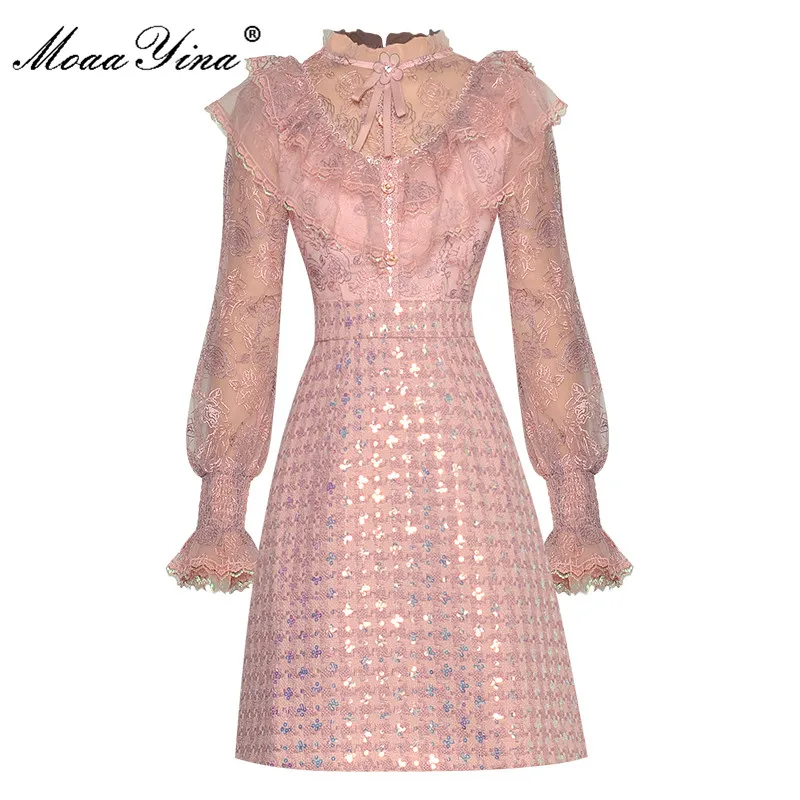 MoaaYina Fashion Runway dress Autumn Women Dress Mesh Lantern sleeve Embroidery Printed Sequins Elegant Pink Short Dress