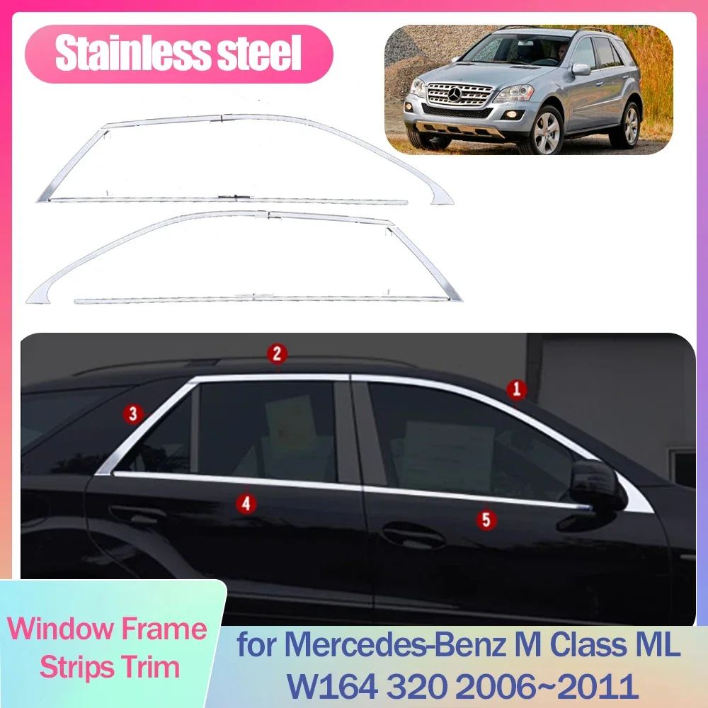 Full Window Frame Strips Trim for Mercedes-Benz M Class ML W164 320 2006~2011 Cover Silver Stainless Steel Car Sticke Accessorie