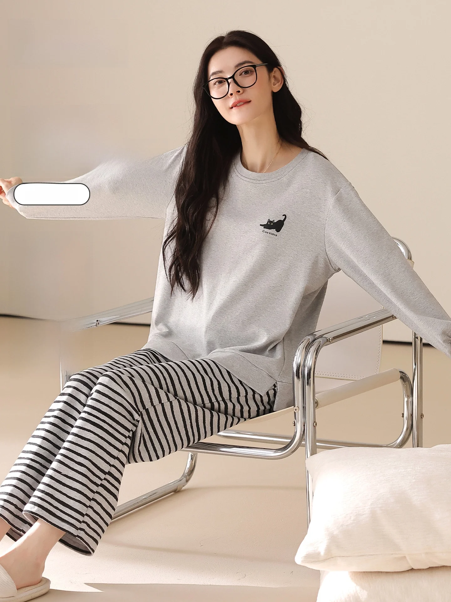 Pure Cotton Sleepwear Women's Home Clothes with Chest Pad Long Sleeve round Neck Soft Comfortable Breathable All Season