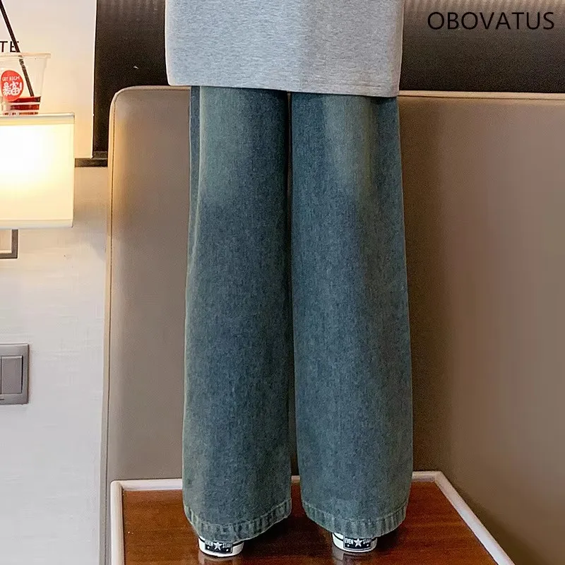 10代の若者向けのヴィンテージブルージーンズ、子供向けのカジュアルストレートデニムパンツ、レディースパンツ、無地、韓国スタイル、子供、女の子向け