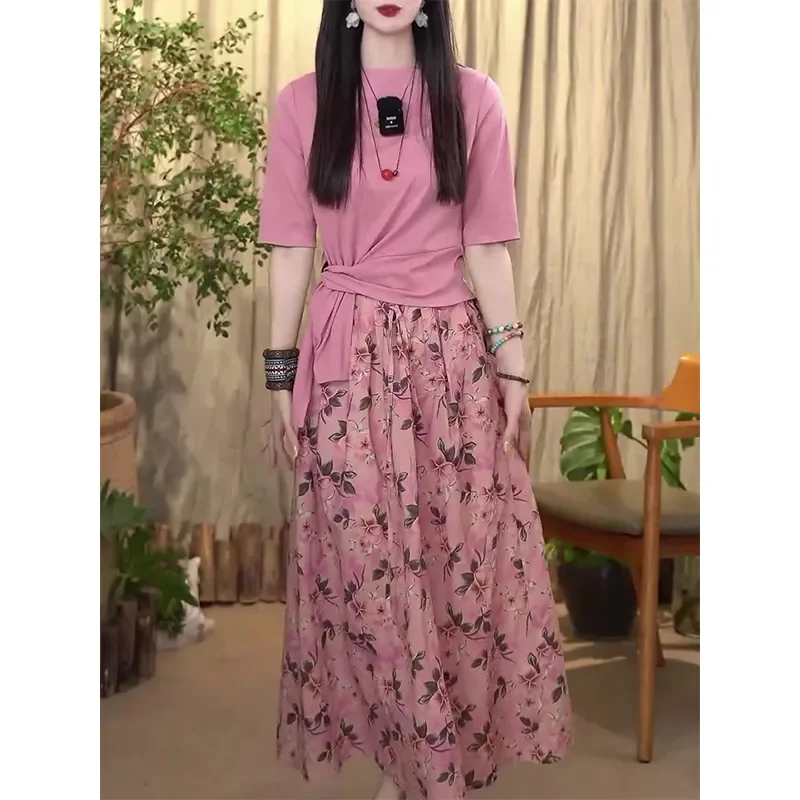 Women's Pink Knot Front Top Floral Print Maxi Skirt Two Piece Set