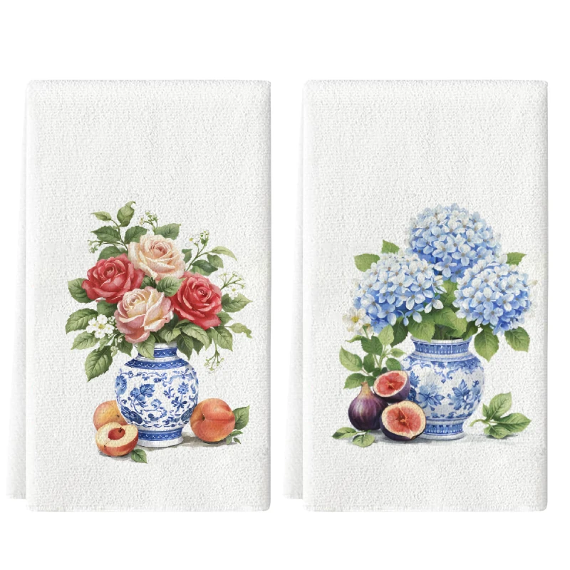 2Pcs, Blue and White Porcelain Vase Flower and Fruit Kitchen Towels, 40Cm*60Cm Towel Set, Super Absorbent Soft Cleaning Cloth, Cooking and Baking Tea Towel, Hand Towel, Cleaning Cloth, Dishcloth, Kitchen Decoration, Living Room Decoration, Kitchen Essentials, Home Essentials