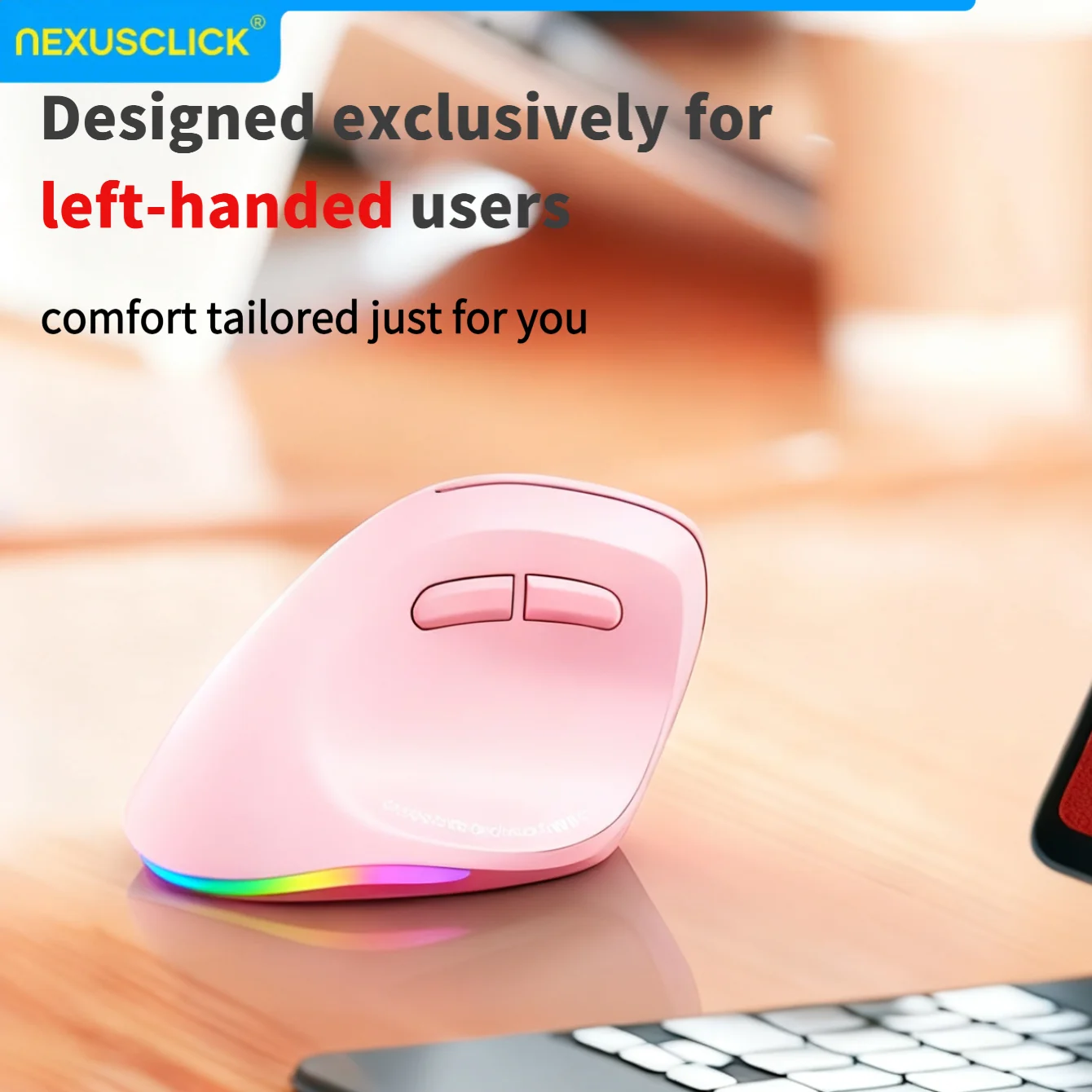 NexusClick Left-Handed Vertical Ergonomic Wireless Mouse 2.4G BT Dual Mode 2400 DPI Silent Rechargeable for Laptop Office Gaming