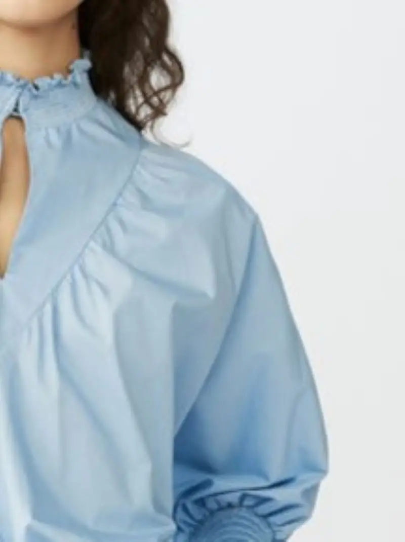 Women Blue Blouse Hollow Out Ruffled Collar Lantern Sleeve Solid Color Sweet Shirt