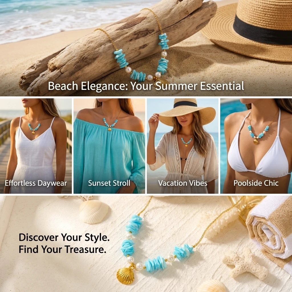 Design Sense Sommer-Halskette mit Muschelanhänger und Perlen für Damen, Boho-Stil, unregelmäßiger Zerkleinerte-Stein-Seestern-Halskette, Schmuckgeschenk – Detail 4