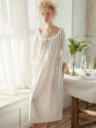 Nightdress Women's Lace Sexy Long Sleeve Loose Solid Color Knitted Cotton Princess Long Loose Maternity Home Wear round Neck