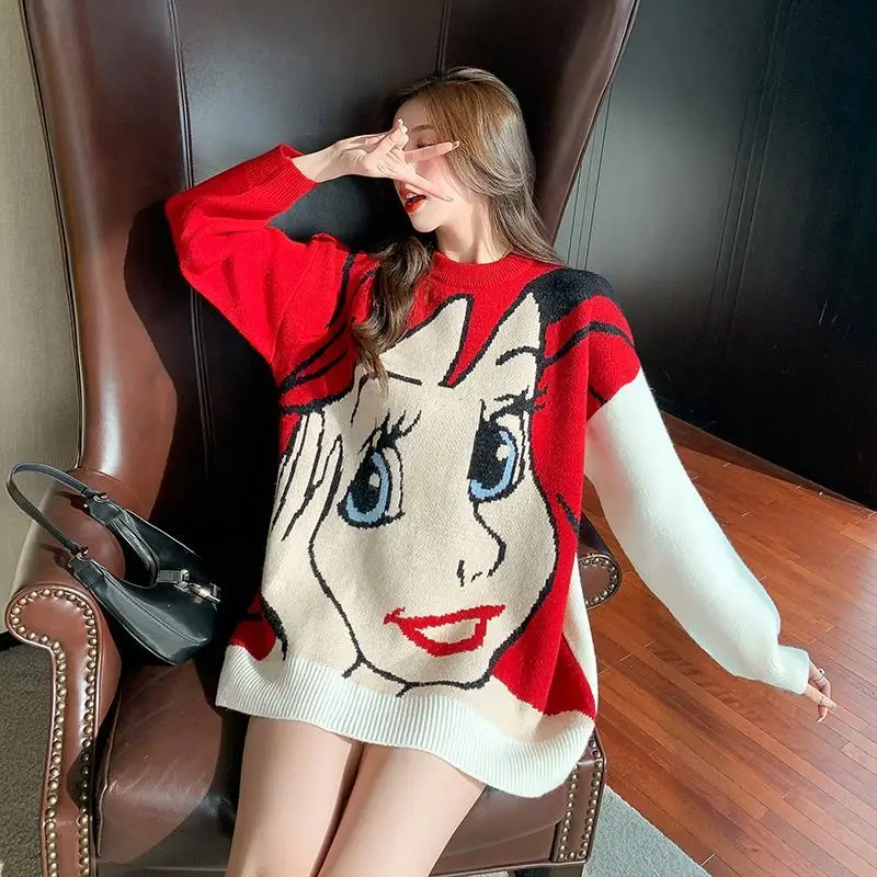 

Korobov Women Sweaters Korean Sweet Cartoon O Neck Oversize Sueter Mujer Vintage Cute Preppy Style Jumper Femme