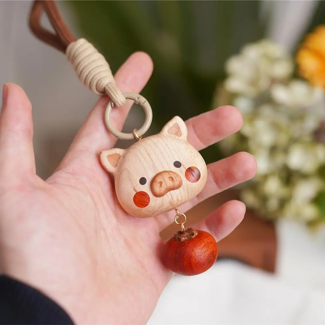 

Cute Piggy Solid Wood Charm Multi-Functional Bag Charm Car Hanging Ornament Fridge Magnet Decor Gift
