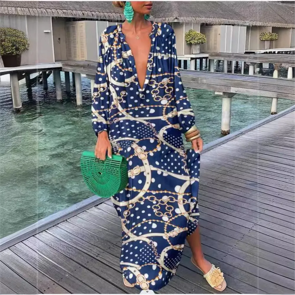 ボヘミアンプリントビーチドレス 2025 新作 夏 エレガント ディープVネック 長袖 マキシ丈ワンピース レディース セクシー ゆったり オーバーサイズ バケーションドレス