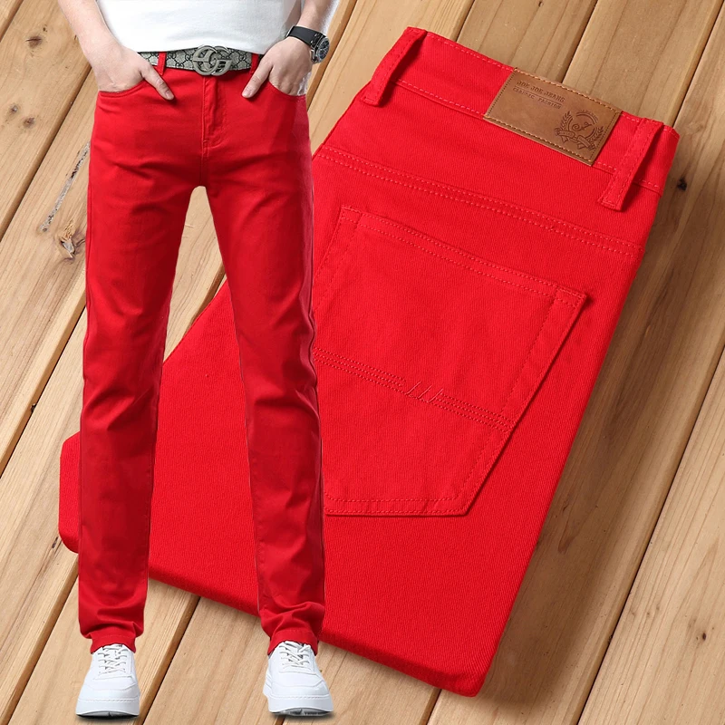 

Классические красные модные джинсы, мужские весенние новые эластичные прямые брюки, мужская одежда, удобные повседневные джинсовые брюки