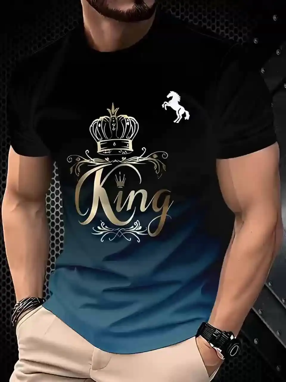 Herren-T-Shirt mit rotem Rand, Rundhalsausschnitt, 3D-Pokerkarten-Rhombus-Karomuster, Casino-Party, Casual-Streetwear-Oberteil – Detail 7