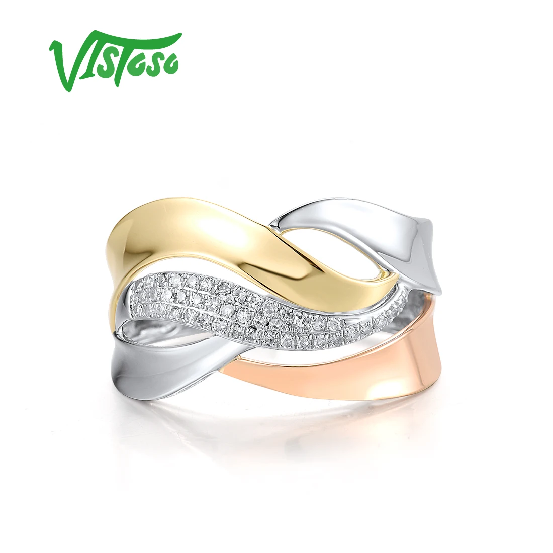 VISTOSO Genuine 14K 585 Tri-Color White/Yellow/Rose Gold Rings For Women Sparkling Diamond Delicate Wedding Fine Jewelry Set