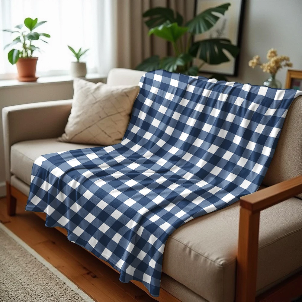 Navy Plaid Check Anime Cartoon Flannel Blanket Soft Warm Throw for Bedroom Sofa Car Kids Holiday Gift