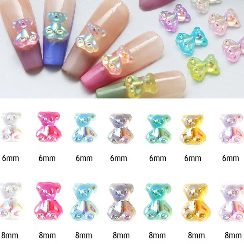 50Pcs Mixed Aurora Little Bear Nail Art Decoration 6mm/8mm Nail Art Accessories Resin Kawaii Bear FlatBack 3D Nail DIY Ornaments