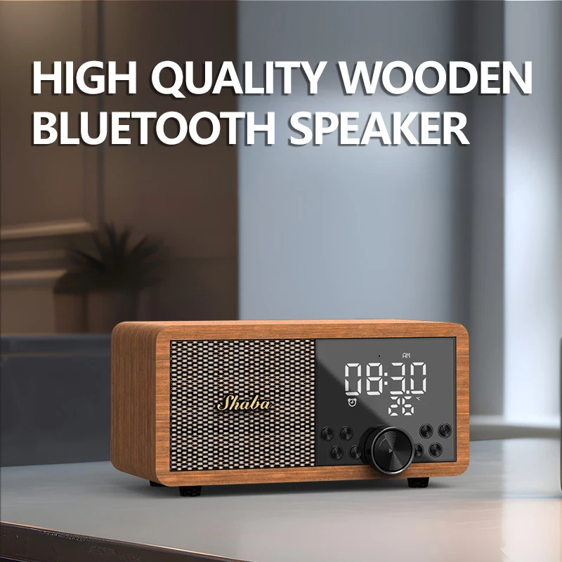 Wooden Bluetooth Speaker Multifunctional Wireless Charging Alarm Clock FM Radio Sound Box with Temperature Detection Speaker