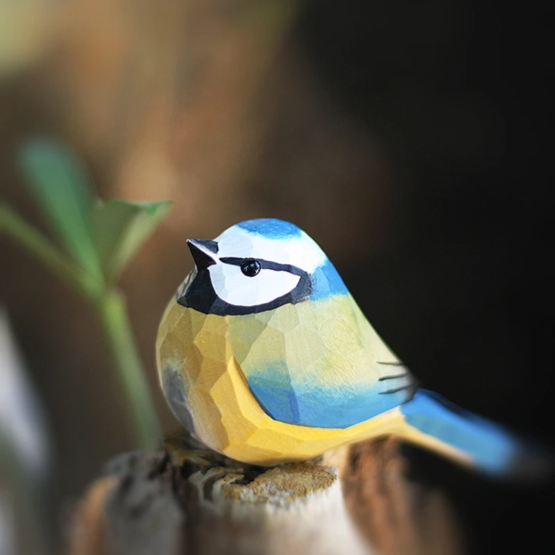 Handmade wood carvings Eurasian Blue Tit ornaments desktop solid wood crafts small fat bird home decoration