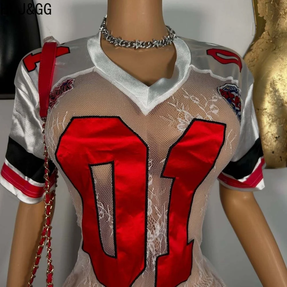 HLJ&GG White Sexy Lace See Though Letter Embroidery Mini Dresses Women V Neck Short Sleeve  Stitching Vestidos Fashion Clubwear